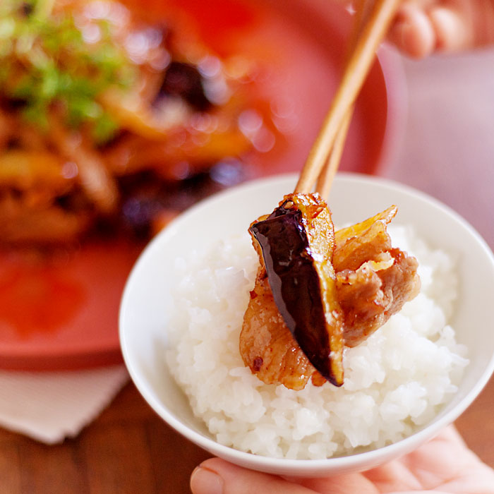 秋茄子と豚バラの激辛味噌炒め