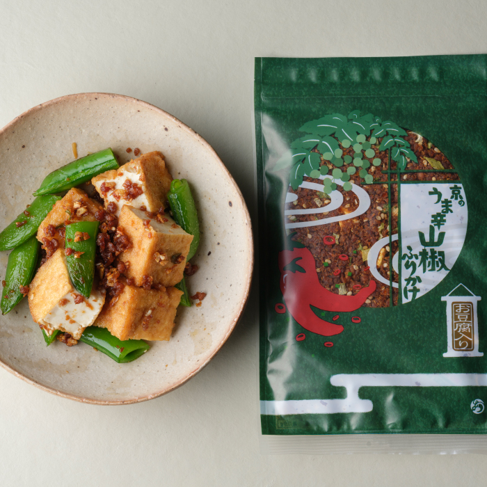 スナップえんどうと厚揚げの山椒ふりかけ炒め